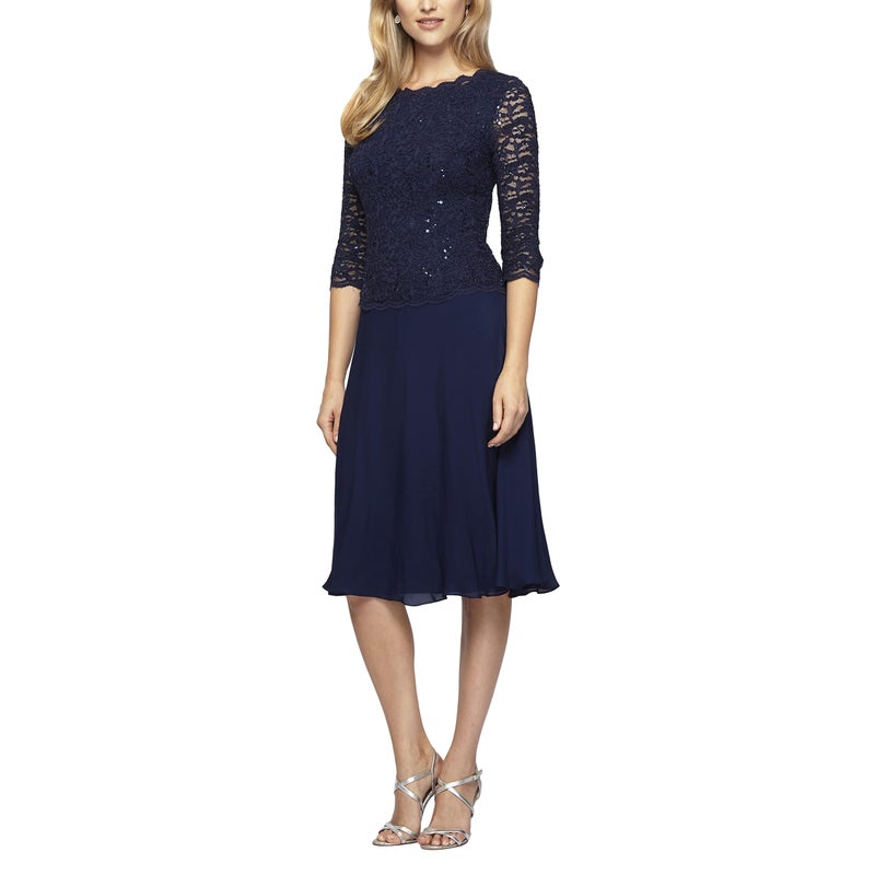 Alex Evenings Women's Tea Length Embroidered Bodice Mother of The Bride Gown, Wedding Guest Dress, Navy, 6 - Image 1